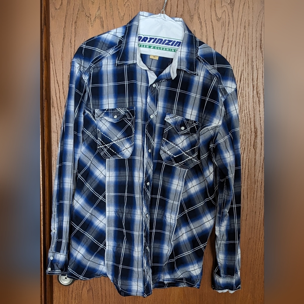 Men's Cowboy Legends Blue Plaid Western Shirt, Pearl Snap, Cotton Sz XXL‎
